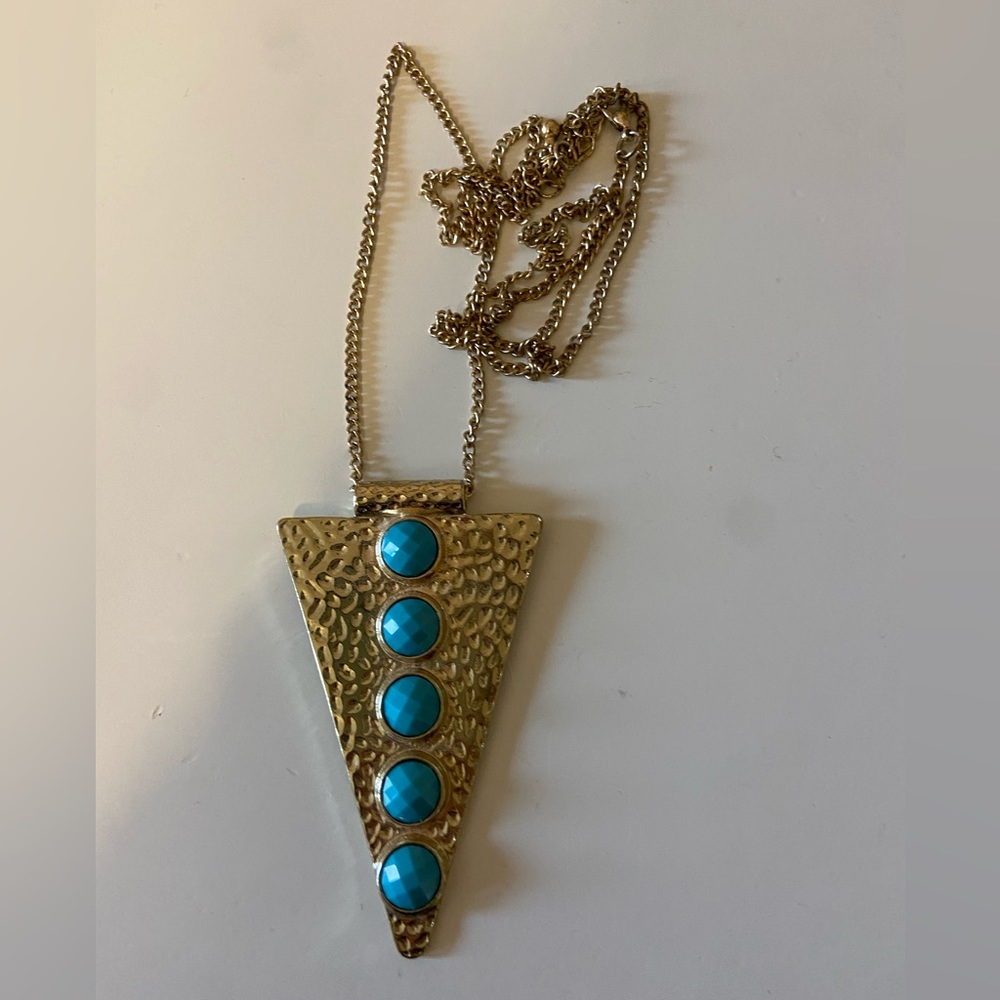 Gold and teal necklace, about 43cm chain